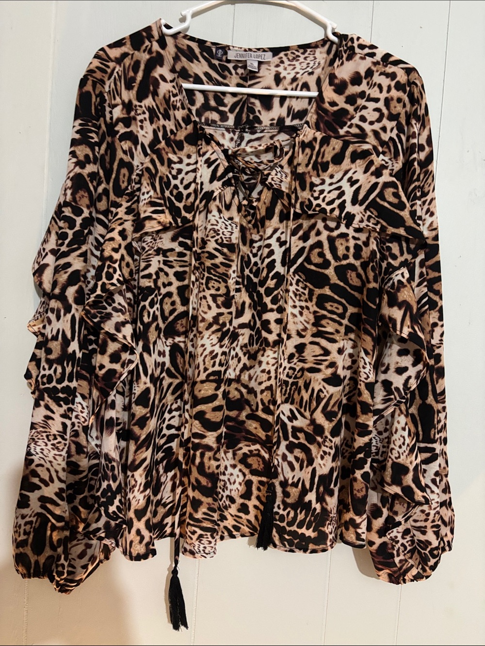 NWOT Jennifer Lopez Leopard-Print Ruffle Tie-Neck Blouse in Brown and Black